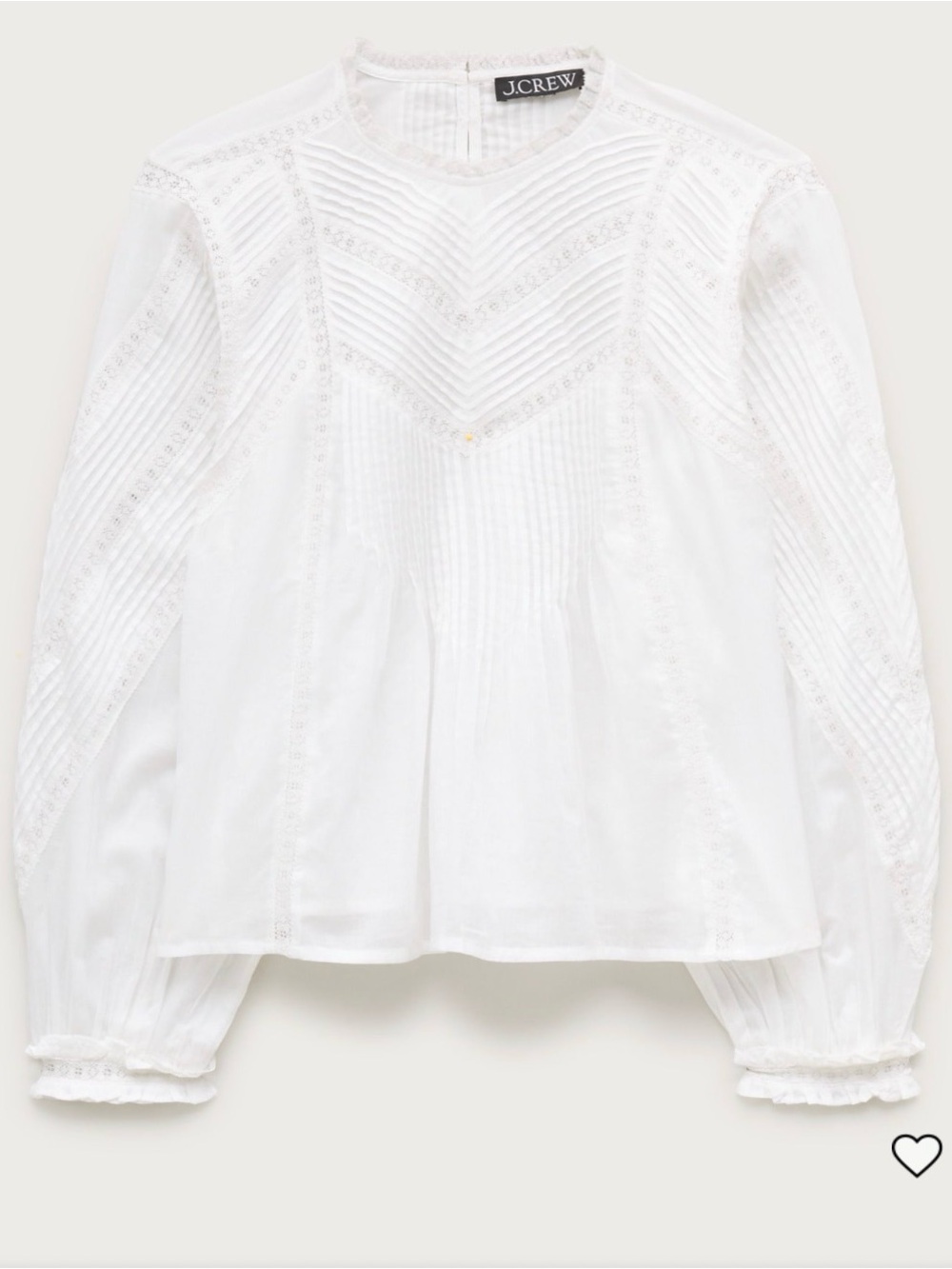 J Crew White Lace-Inset Pintuck Long Sleeve Blouse
